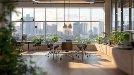 Wall Mural - Modern office interior with large windows overlooking city skyline, featuring plants, desks, and a conference table.