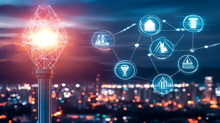Poster - Innovative urban technology integration city skyline digital graphic nighttime aerial view connectivity concept