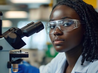 Poster - Young scientist examining samples under a microscope in a modern laboratory with equipment in the background