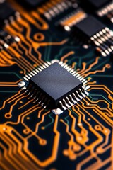 Poster - Close-up view of a microchip on a circuit board showcasing intricate circuitry and connections