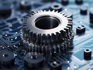 Poster - Close-up of a metallic gear on a circuit board, showcasing intricate details and technology in a modern setting