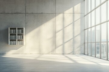 Poster - Interior of modern office with gray and wooden walls, concrete floor, dark wooden cupboards and bookcases