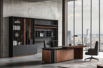 Wall Mural - Interior of modern office with gray and wooden walls, concrete floor, dark wooden cupboards and bookcases