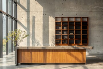 Poster - Interior of modern office with gray and wooden walls, concrete floor, dark wooden cupboards and bookcases