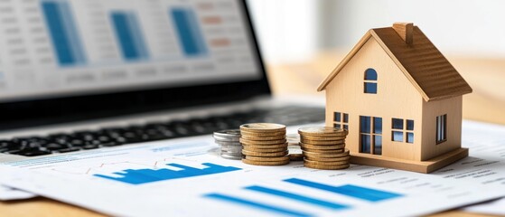 A wooden house model placed on financial documents with coins, symbolizing real estate investment and analysis