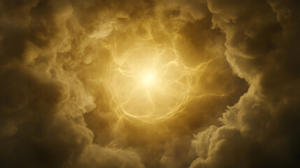 Poster - Ethereal Sky Portal with Golden Energy Orb Embraced by Stormy Clouds Evoking Power and Mystery V3