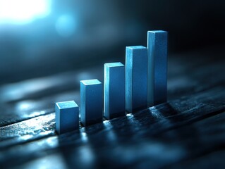 Poster - Abstract representation of increasing growth with blue bars on a textured wooden surface, illuminated by soft light