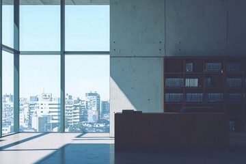 Wall Mural - Interior of modern office with gray and wooden walls, concrete floor, dark wooden cupboards and bookcases