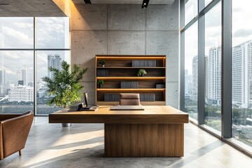 Poster - Interior of modern office with gray and wooden walls, concrete floor, dark wooden cupboards and bookcases