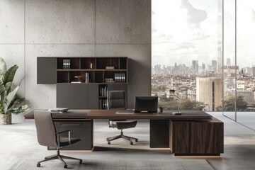 Poster - Interior of modern office with gray and wooden walls, concrete floor, dark wooden cupboards and bookcases
