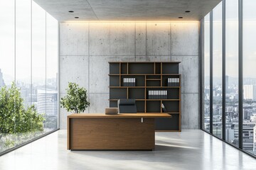 Poster - Interior of modern office with gray and wooden walls, concrete floor, dark wooden cupboards and bookcases