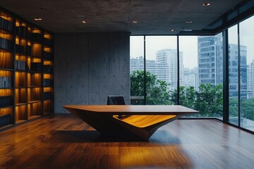 Poster - Interior of modern office with gray and wooden walls, concrete floor, dark wooden cupboards and bookcases