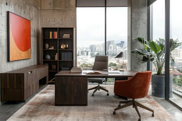 Wall Mural - Interior of modern office with gray and wooden walls, concrete floor, dark wooden cupboards and bookcases