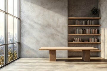Poster - Interior of modern office with gray and wooden walls, concrete floor, dark wooden cupboards and bookcases
