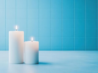 Poster - Two Elegant White Candles Illuminating a Deep Blue Background Creating a Calm and Tranquil Atmosphere Perfect for Relaxation and Reflection