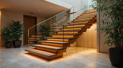 Wall Mural - a staircase with a glass railing and a lighted staircase