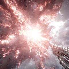 Poster - Expansive Cosmic Nebula Bursting with Energy and Light Against an Imposing Metallic Structure