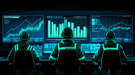 Poster - Monitoring industrial data trends control room digital analytics high-tech environment overhead view data visualization