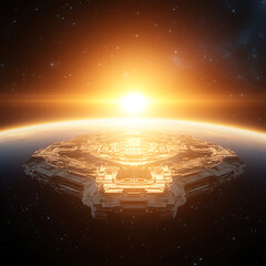 Poster - Extraterrestrial Space Station Above Planet with Rising Sun Space Exploration and Distant Galaxy