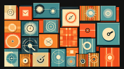 Poster - Creative abstract design showcasing colorful geometric shapes and clock elements digital artwork modern art environment top view