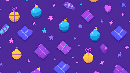 Poster - Festive Purple Holiday Pattern with Ornaments Gifts Stars and Heart Repeating Design Celebration