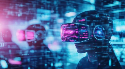 Poster - Engaged Man Wearing Virtual Glasses Intently Focused on Computer Screen Surrounded by Modern Technology in a Contemporary Workspace Setting