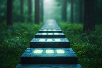 Poster - Serene Row of Concrete Steps Leading Through Lush Green Forest Surrounded by Tall Trees and Sunlight Filtering Through Leaves Creating Peaceful Atmosphere