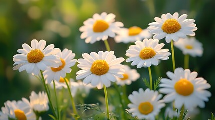 Sticker -  white and yellow chamomile flowers in the sun with bokeh