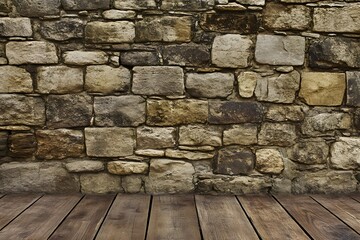 Wall Mural - Rustic stone wall, wood floor, interior backdrop