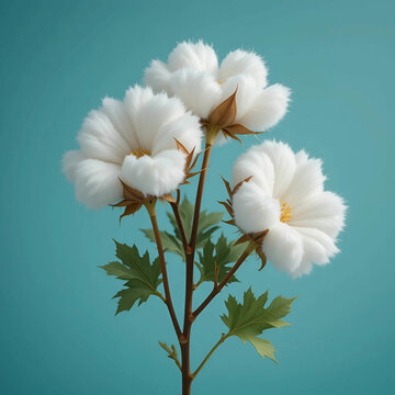 An AI-generated image showcases a realistic depiction of cotton plant flowers set against a blue-green background.
