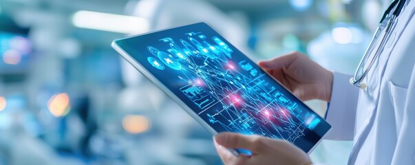 Poster - A healthcare professional examines digital data on a tablet, showcasing advanced technology in a medical environment.