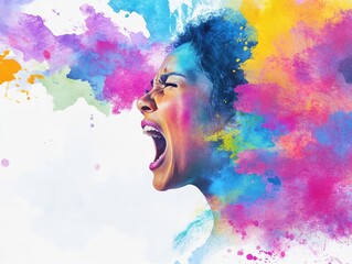 Poster - Vibrant Artistic Expression of a Woman Surrounded by Splashes of Colorful Paint with an Open Mouth Capturing Joy and Creative Energy in a Dynamic Scene