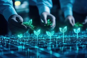 Poster - Person's Hands Typing on Computer Keyboard Surrounded by Glowing Green Leaves Creating a Fusion of Technology and Nature in a Modern Workspace