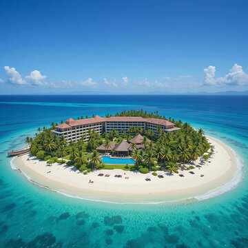 An AI-generated image portrays a stunning tropical resort nestled on an idyllic island, featuring.