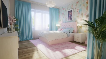 Sticker - A stylish bedroom with a pastel pink rug and blue curtains, creating a cozy atmosphere