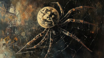 detailed close-up painting of a spider with intricate web and textured background.