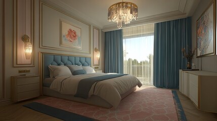 Sticker - A stylish bedroom with a pastel pink rug and blue curtains, creating a cozy atmosphere