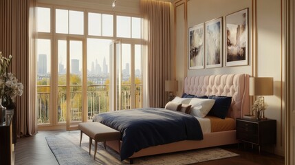 Sticker - A stylish bedroom with a soft pink headboard and a blue comforter for a harmonious touch