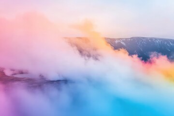 Poster - Vibrant Rainbow Colored Cloud Floating Gracefully in a Bright Blue Sky Creating a Dreamy and Ethereal Atmosphere Full of Wonder and Imagination