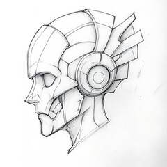 Poster - Futuristic Android Profile with Intricate Headgear Pencil Drawing and Mechanical Detail Illustration