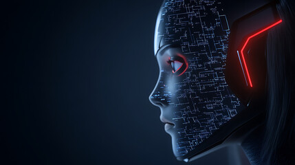 Poster - futuristic android with glowing circuitry and red accents represents artificial intelligence