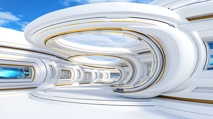 Poster - Futuristic Architecture Corridor Interior with Sleek Design and Seamless Integration of Sky Elements