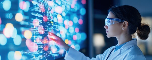 Poster - A scientist interacts with a colorful, data-driven screen, showcasing advanced technology and research in a modern lab environment.