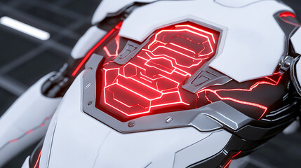 Poster - Futuristic Armor with Glowing Red Circuitry Panels and Metallic Accents in a High Tech Environment