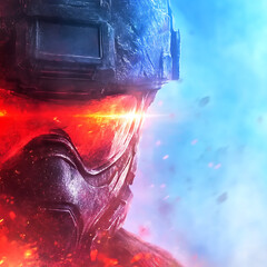 Poster - Futuristic Armored Warrior Gaze Intense Red Light Science Fiction Digital Art Concept Illustration 90s