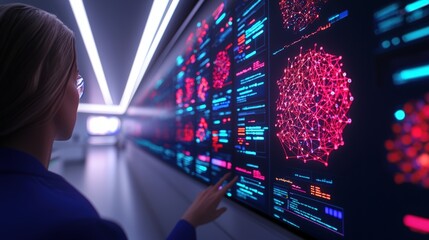 Poster - A person interacts with a high-tech display featuring colorful data visualizations and scientific information, suggesting advanced research or analytics.