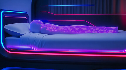 Poster - Futuristic Bed with a Sleeping Figure Represented by Neon Lines and Accents of Cyberpunk Aesthetic