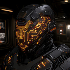 Poster - Futuristic Black Helmet with Glowing Circuitry Design for Enhanced Security and Cybernetic Interface
