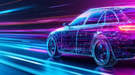 Poster - Futuristic Car Design Speeding Through Digital Light Tunnel Demonstrating Advanced Vehicle Technology