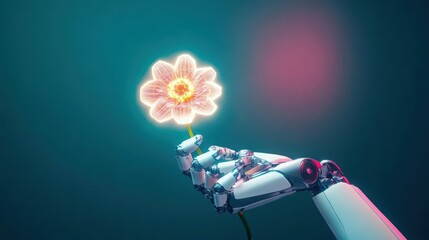 Poster - Whimsical Robot Delicately Holding a Vibrant Flower in a Futuristic Garden Setting Evoking a Sense of Harmony Between Technology and Nature